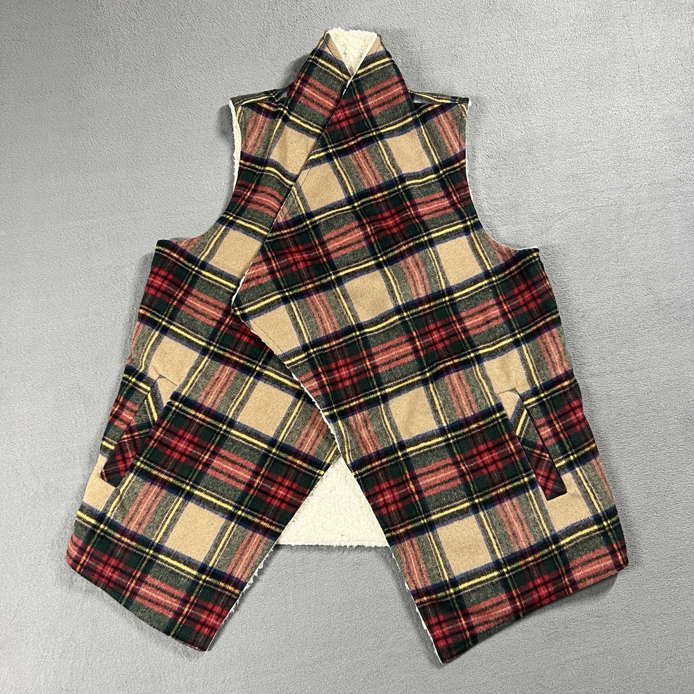Maurices Vest Womens L Red Tan Plaid Sherpa Lined Open Front Wool Blend Pockets
